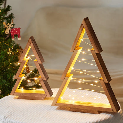 Wooden Christmas Tree Tabletop Set with Lights (2 Trees) (Batteries not included)