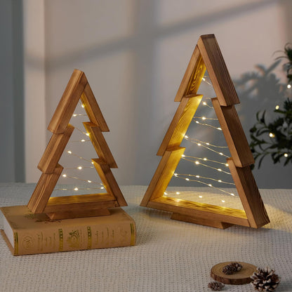 Wooden Christmas Tree Tabletop Set with Lights (2 Trees) (Batteries not included)