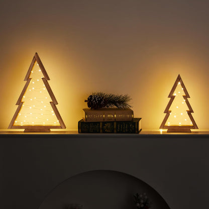 Wooden Christmas Tree Tabletop Set with Lights (2 Trees) (Batteries not included)