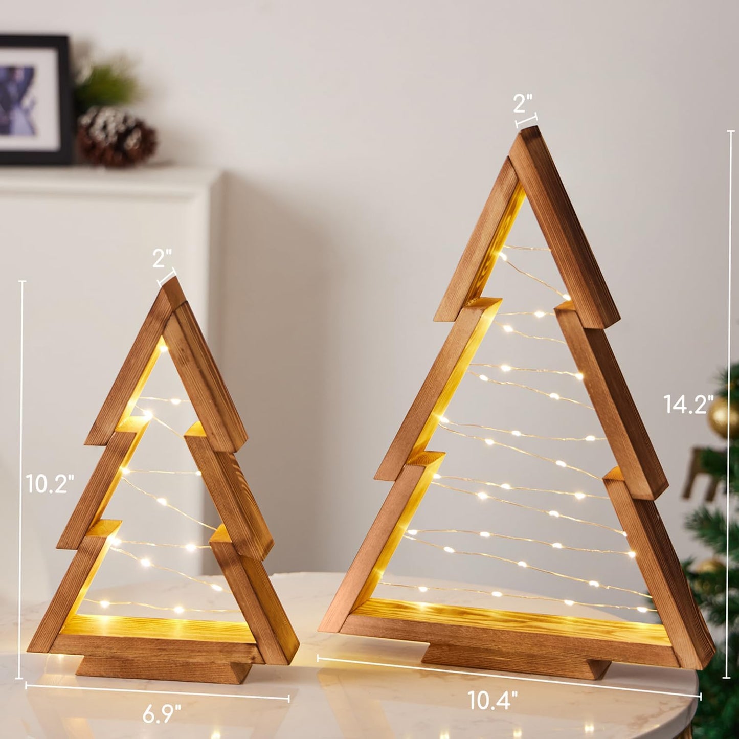 Wooden Christmas Tree Tabletop Set with Lights (2 Trees) (Batteries not included)