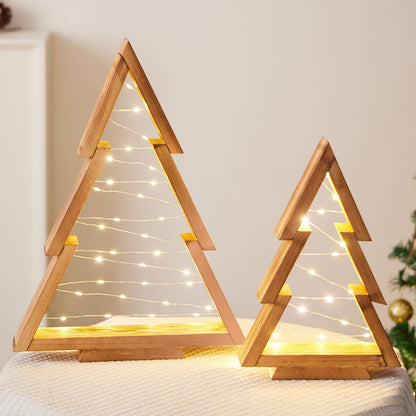 Wooden Christmas Tree Tabletop Set with Lights (2 Trees) (Batteries not included)